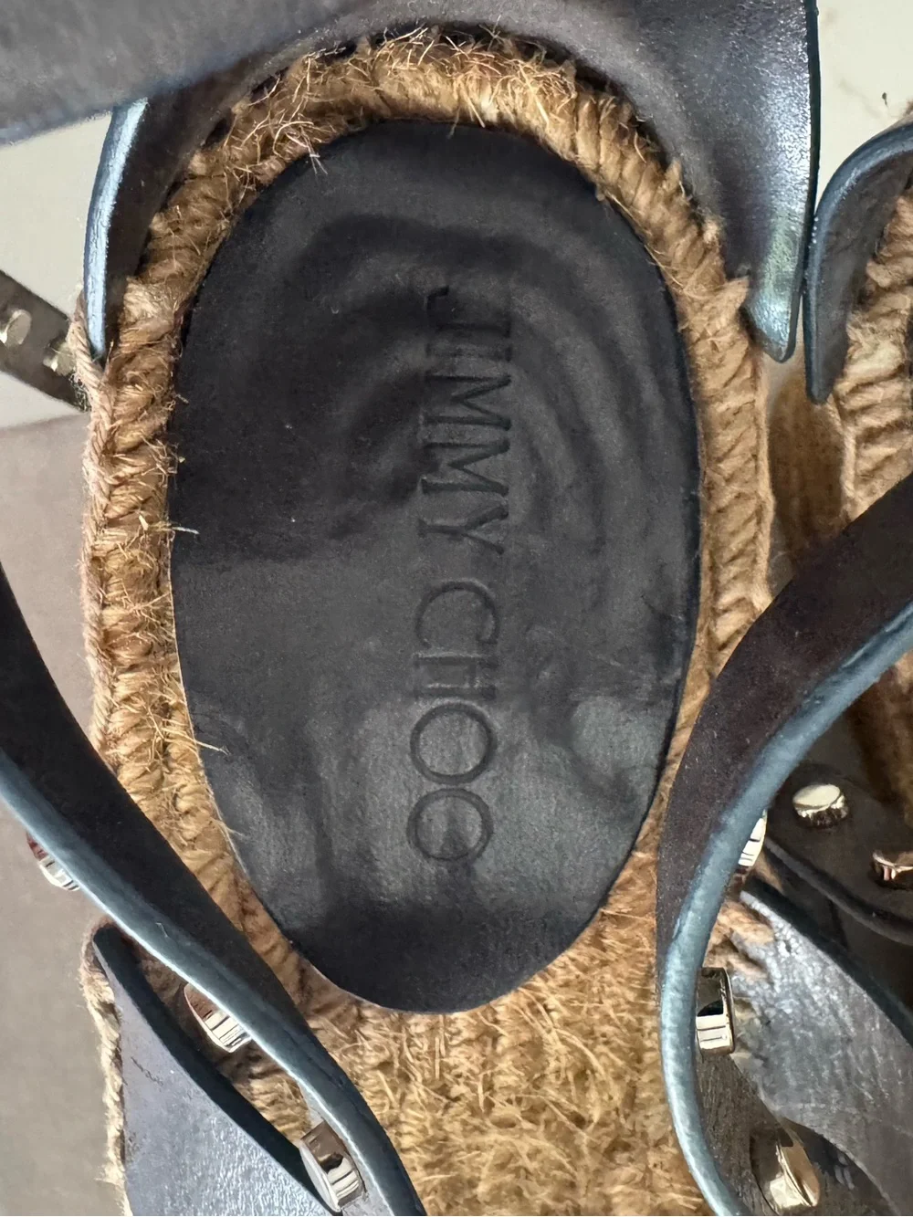 Jimmy Choo Blue/Gray Studded Leather Espadrilles with Ankle Wrap